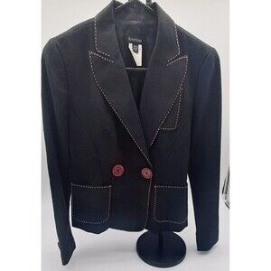 Vintage BEBE Contrast Stitch Blazer Size 2 Jacket Black Pink Buttons Cropped Y2K
